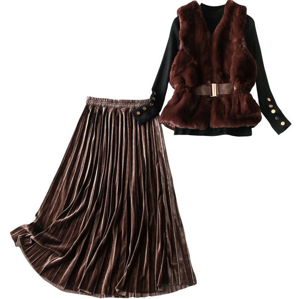 

fur suit skirt 3 piece set winter 2019 knitwear vest jacket gold velvet skirt three piece set, White