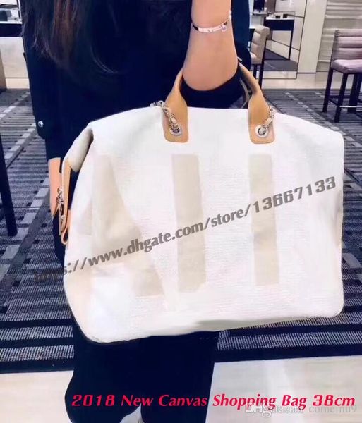 

2018 new design blue canvas shopping tote handbag with letter printing 38cm cream tweed zipper shoulder bags leather chain