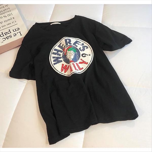 

short-sleeved t-shirt clothing t-shirt student clothing femaleloose printing all-match student hong kong style clothes, White