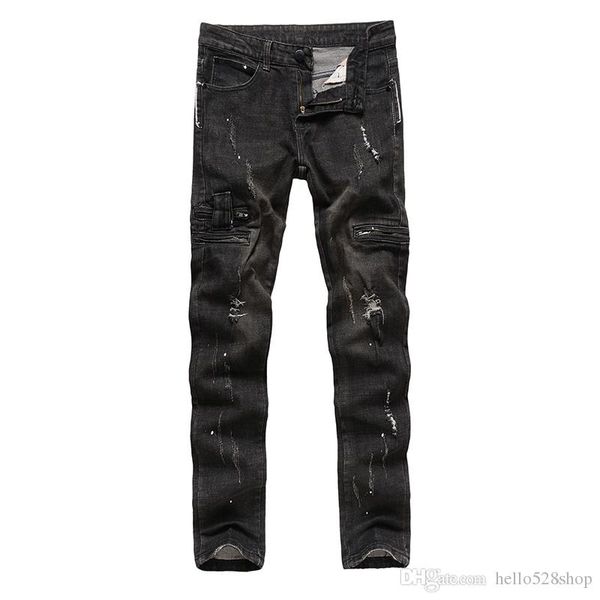 

fashion streetwear tide brand elastic slim straight trousers men 's motorcycle style jeans pure black broken jean pants, Blue