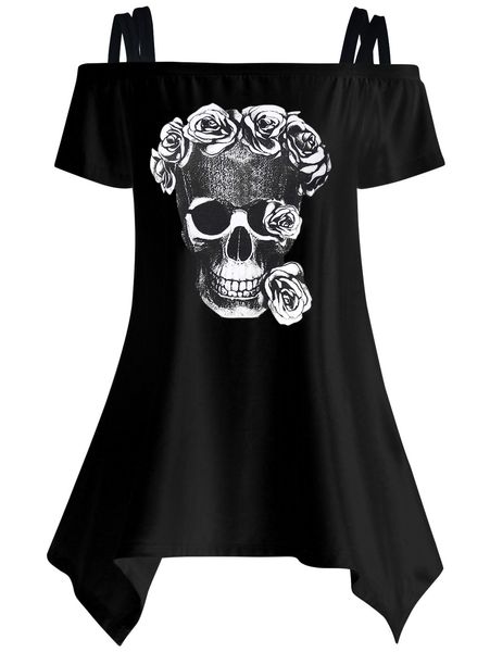 

women designer shirt women clothing women casual short sleeeve t skull print applique t shirts off shoulder female summer lj9615e, White