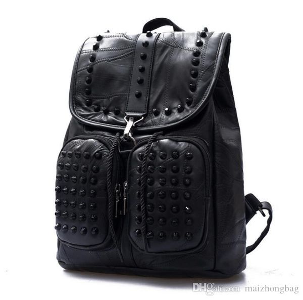 

pure black genuine sheepskin leather women shoulders backpack rivet element fashion backpack school bags tide trend designer bag