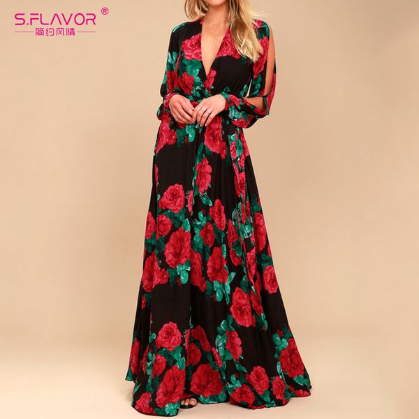 

s.flavor women bohemian long dress rose printing v-neck vestidos de festa autumn winter fashion long sleeve dress, Black;gray