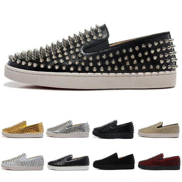 

luxury designer brand red bottoms men womens studded spikes flats shoes wedding party lovers genuine leather casual sneakers c25, Black