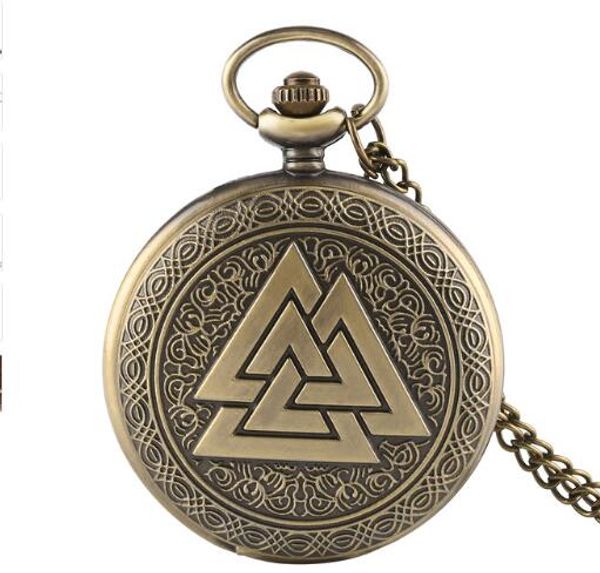 

bronze vintage triangle valknut norse vikings quartz pocket watch necklace three interlocking fob watches women men gift, Slivery;golden
