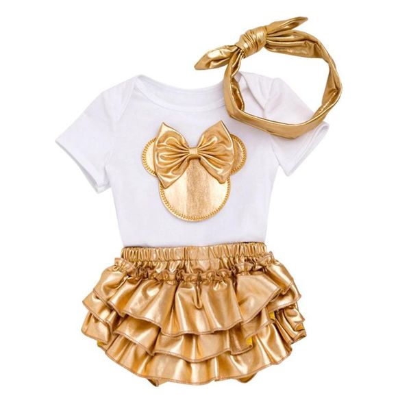 

3pcs baby girls clothes set cute and comfortable summer bow decor short sleeve cotton and skort headdress, White