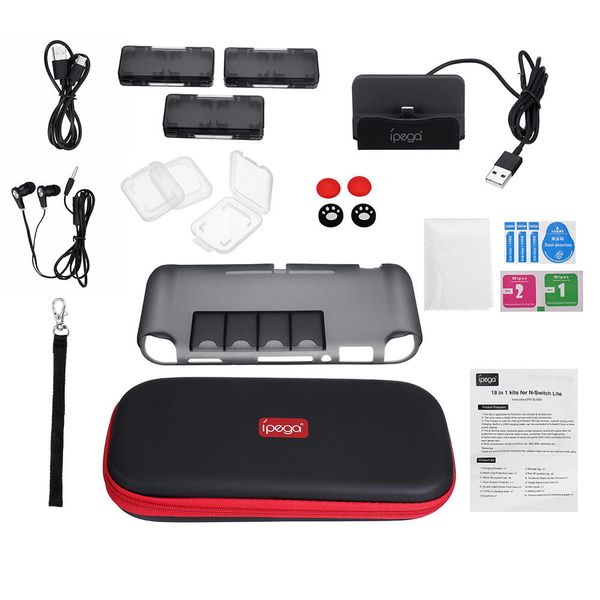 

18 in 1 protective set tempered film protector game card storage bag charging dock station cable earphone for nintendo switch lite game cons
