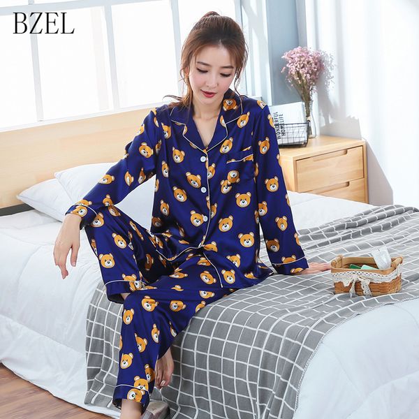 

home bzel pajama set silk suit cartoon bear pyjamas women long sleeve nightly turn-down collar womens pijama mujer home clothing, Blue;gray