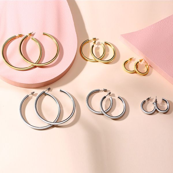 

open circle hoops for women stainless steel 25mm 42mm 63mm diamter female holiday gifts, Golden;silver