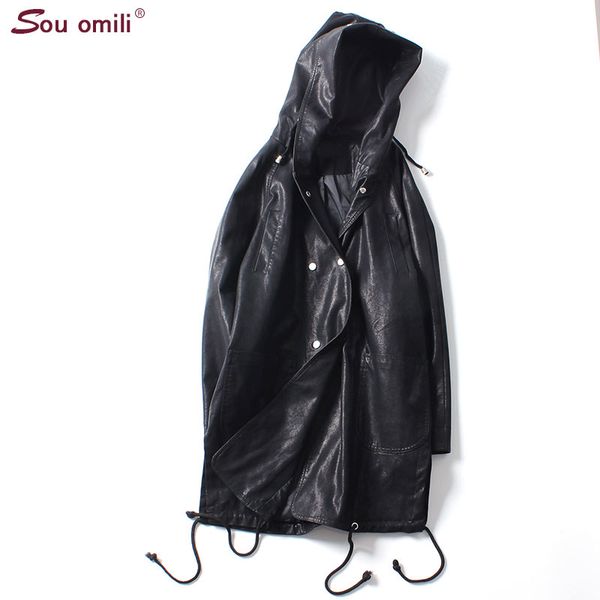 

толстовка с капюшоном негабаритных длинная кожаная куртка женская плащ ветровка двубортное пальто abrigo mujer sobretudo, Black