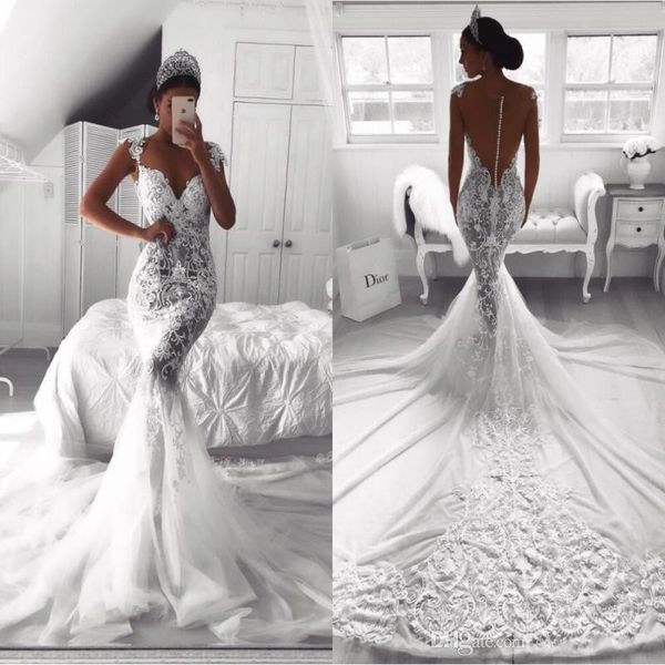 

2019 Sexy full Lace Sweetheart Neck Mermaid Wedding Dresses White O-neck Satin Mermaid Bridal Gowns Unique Robe De Mariage BA9614