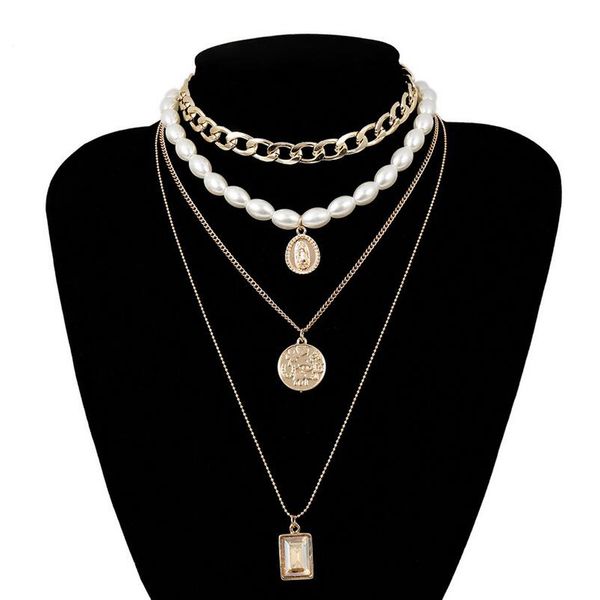

chic retro multi-layers pendant sweater necklace chain for women golden tone, Silver
