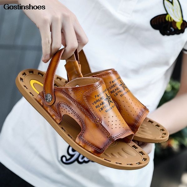 

sandal mens cow leather sandals summer beach shoes full grain leather casual sandles mens sandel for men, Black