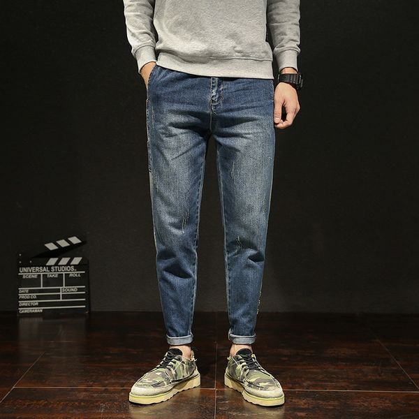 

large size blue jeans autumn new men's jeans slim feet men's harem pants nine pants south korea hit color wild 2019