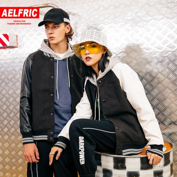 

aelfric new women baseball jersey jackets couple black leather bomber jacket windbreaker vintage patchwork outerwear mp12, Black;brown