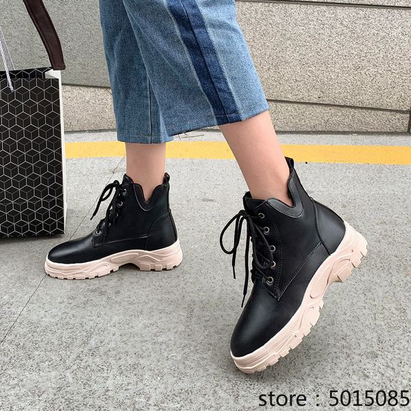 

2019 winter lace up woman shoes white black platform chunky heel casual sneakers women daily ankle combat boots female