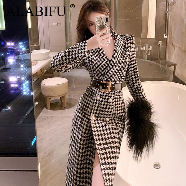 

winter korean overcoat women 2019 vintage elegant sashes blends plaid coat fashion formal slim long sleeve long overcoat women, Black