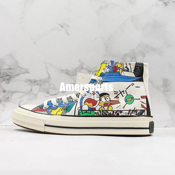 

doraemon x conversing 1970s canvas shoes cartoon beige high graffiti joint couple women limited casual sneakers chaussures, Black