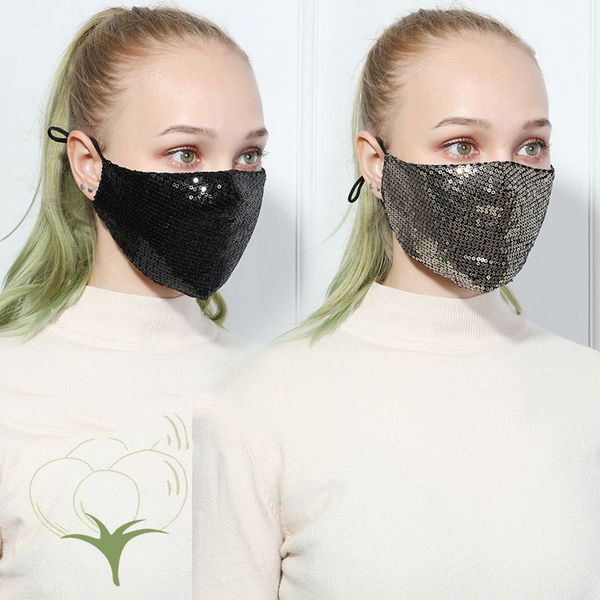 

Black Bling Adjustable Fashion Party Sequins designer luxury Adult face mask women washable Reusable Dust Windproof protect Cotton Masks