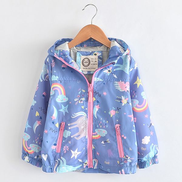 

new spring girls jackets and coats hooded unicorn rainbow pattern kids windbreaker jackets autumn for girl children coat, Blue;gray