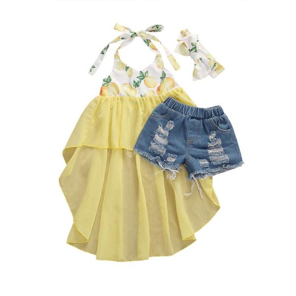 

clothing sets baby girls clothes lenmon print sleeveless halter swing chiffon lace dress + blue denim ripped shorts headband 1-6y, White