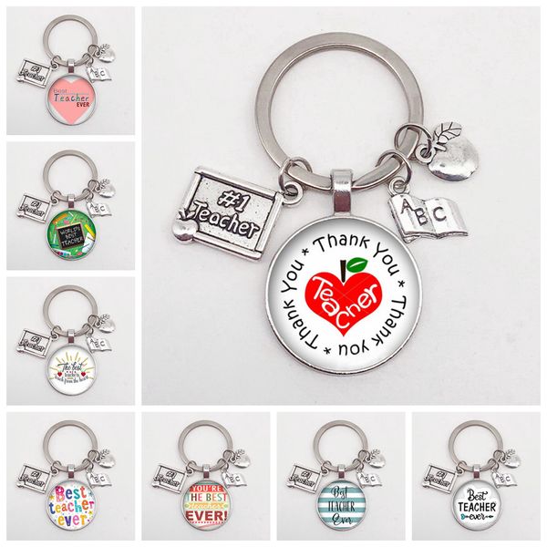 

teacher keychain thank you teacher text keychain charm glass crystal pendant key ring bag car keychain teacher's day gift, Silver