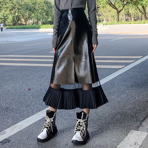 

ewq] 2020 new spring fashion solid color pu patchwork transparent mesh high waish casual long skirt women tide all-match ac167, Black