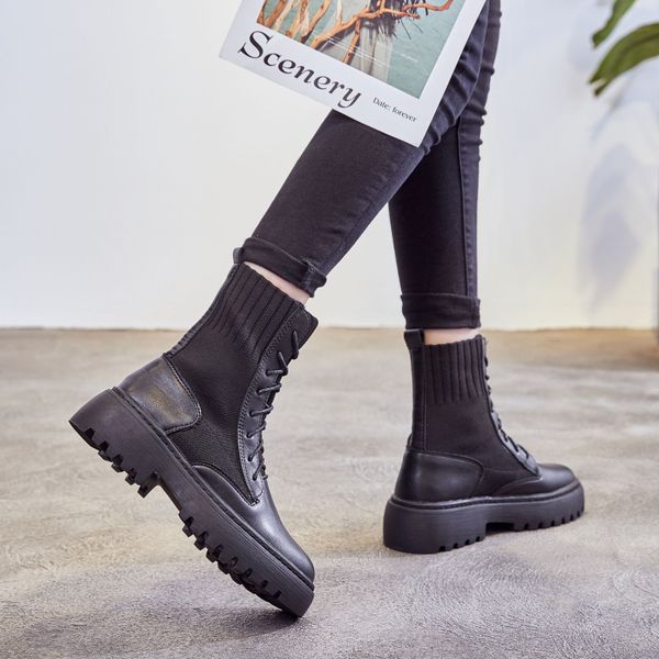 

short ankle autumn winter boots cow genuine leather casual lace up female ladies work 5.5cm height increasing shoes footwear, Black;white
