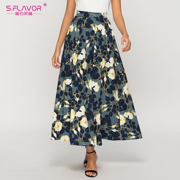

s.flavor high waist big hem floral skirt elegant full length a line women skirts bohemian spring summer skirts, Black;gray
