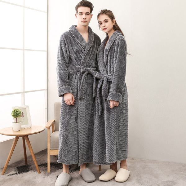 

women bathrobe cotton robe men's plush shawl bathrobe long sleeved robe pajamas winter lengthened coat coralline @50, Black;red