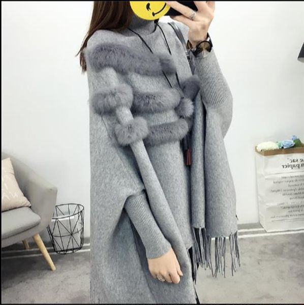 

autumn 2020 warm winter women high collar real fur cloak pullover lady bat sleeves tassel poncho sweater knitwear e953, White;black