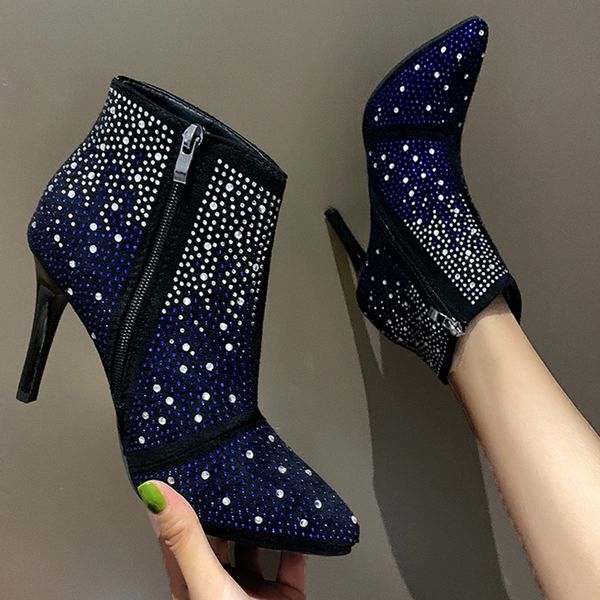 

jaycosin women ankle boots crystal rhinestones high heeled boots mujer female autumn winter zip party pumps, Black