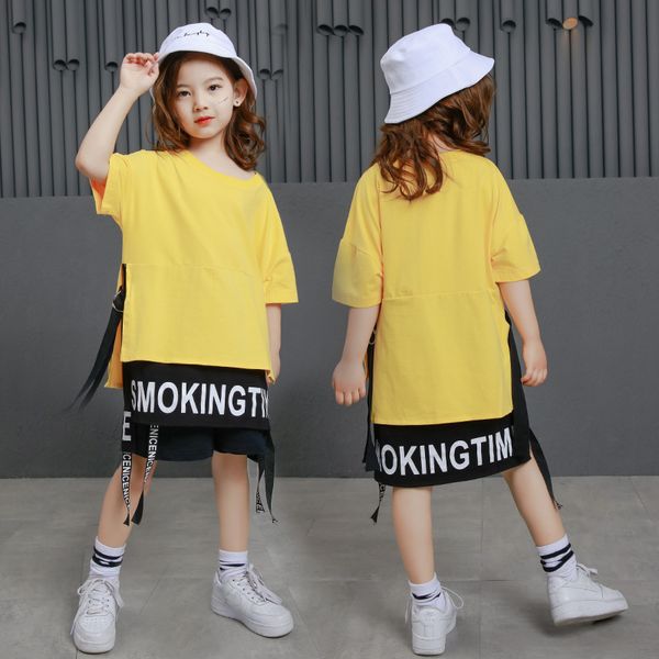 

children hip hop clothing long t shirts casual shorts for girls boys jazz dance costume ballroom dancing clothes streetwear, Black;red