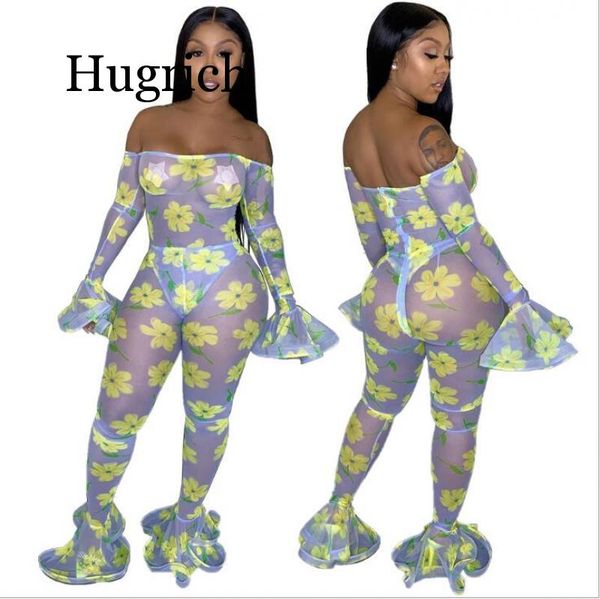 

2020 autumn women off shoulder slash neck floral flare long sleeve mesh bodycon jumpsuit club party romper playsuit, Black;white