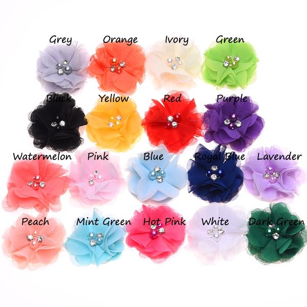 

18pcs pearl rhinestone chiffon flowers hair accessories diy flower bouquet flowers decorations no hair clips for headband, Slivery;white