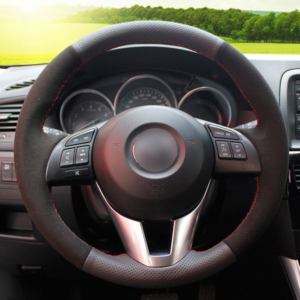 

black genuine leather suede steering wheel cover for mazda cx-5 cx5 2013-2015 mazda 6 atenza mazda 3 2014 2015 scion ia