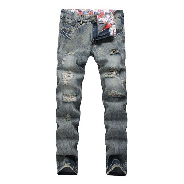

new biker jeans men vintage jeans fashion distressed pant male slim denim trouser plus size 42, Blue