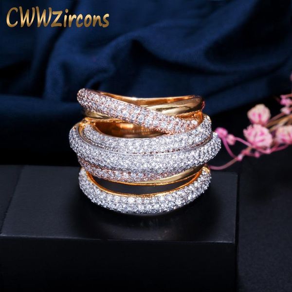 

cwwzircons luxury designer 3 tones gold geometry cubic zironium big wedding engagement bridal finger ring jewelry addiction r059 v191220, Golden;silver