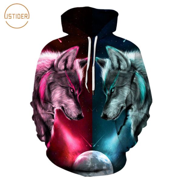 

istider new design half red blue fire ice wolf hoodies men women long sleeve loose tracksuits cool pullover sweatshirts, Black