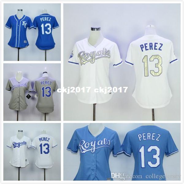

womens #13 salvador perez jersey color gray royal blue white gold jersey, Blue;black