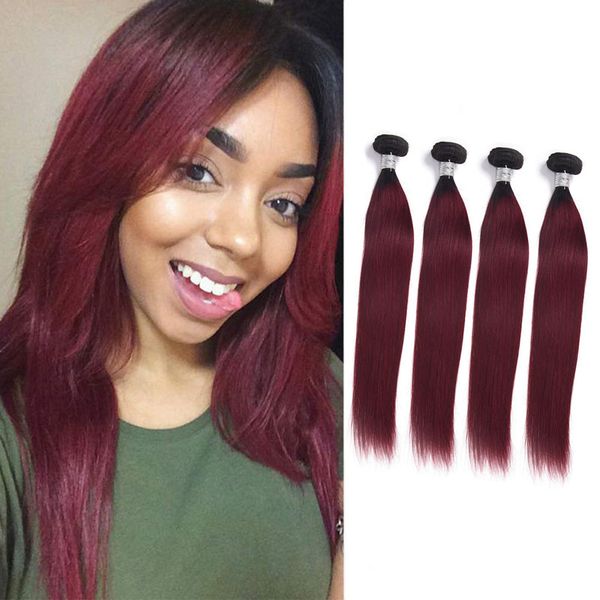 Malaysian extensões do cabelo humano 4 Pacotes 1B / 99J Ombre Cabelo Duplo tramas 1b 99j reta de seda 4 peças / lote Atacado