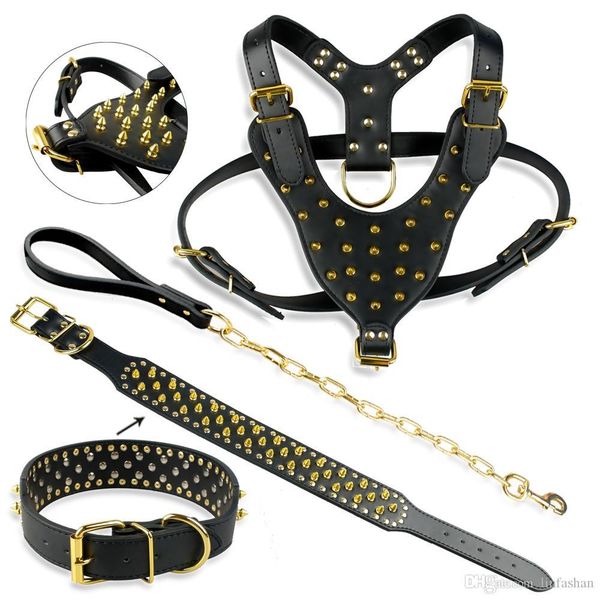 

gold spikes studded leather dog pet pitbull harness studded collar chain leash set for large dogs