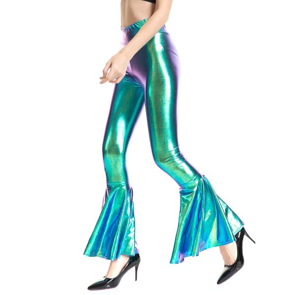 

women flare shiny leggings laser metallic wetlook ruffle wide leg pants retro 70s disco hippie club trousers bell bottoms, Black;white