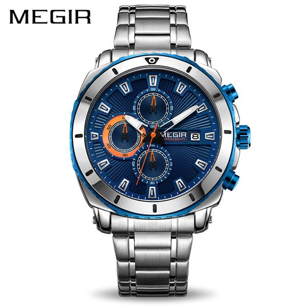 

megir chronograph quartz men watch luxury brand stainless steel business wrist watches men clock hour time relogio masculino, Slivery;brown
