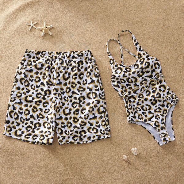 

swim men boy dad son beach shorts mother daughter bikini girl women one piece swimsuit leopard print family matching swimwear