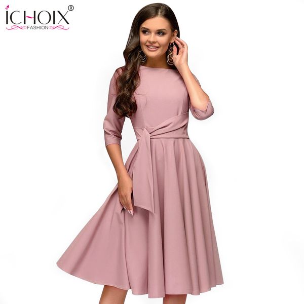 

ichoix 2020 spring summer women casual dresses elegant a line solid dress ladies slim office party dress sashes womens clothing, Black;pink