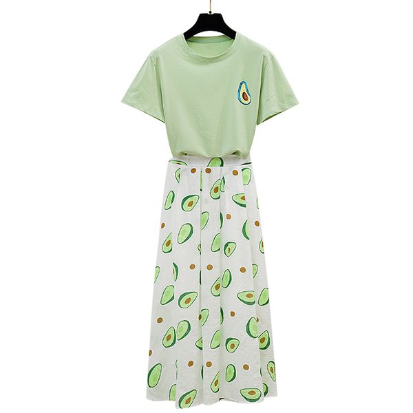 

love avocado green jacket cotton t-shirt in summer long posed high-waisted a-line skirts suits female 2 pcs clothing set women, White
