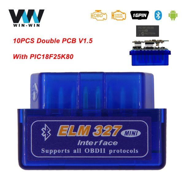 

10pcs elm327 v1.5 pic18f25k80 double pcb obd2 bluetooth scanner odb2 elm 327 v1.5 obd 2 obd2 car diagnostic scanner auto tool