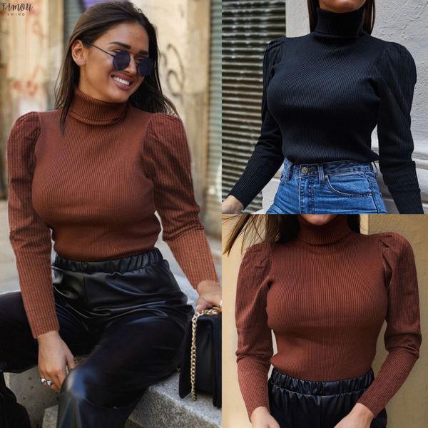 

fall clothing casual solid color turtleneck puff sleeve women blouse fashion long sleeve women and shirt, White