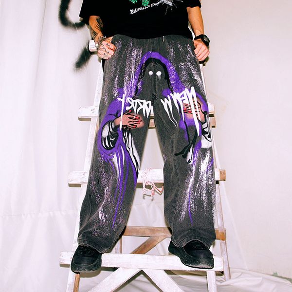 

men's jeans ewq / wear 2021 spring summer loose straight graffiti vintage printing streetwear hip hop denim trousers 9y2158, Blue
